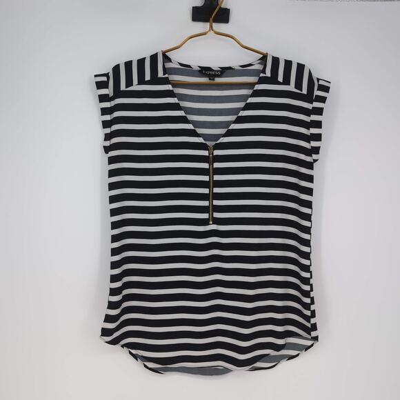 Express Portofino Striped V Neck Cap Sleeve Round Hem Blouse Top - Size S - GUC - Picture 1 of 12